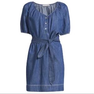 Free Assembly chambray denim belted short puff sleeve dress scoop neck